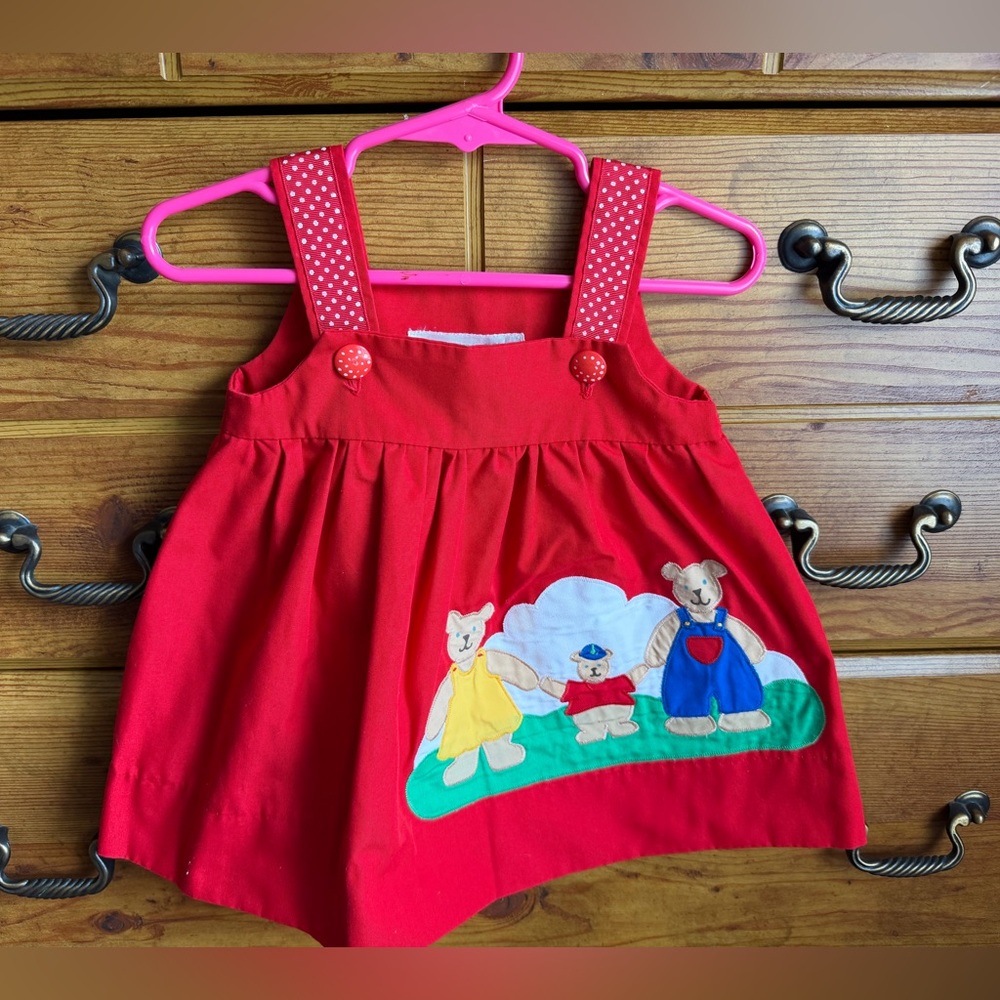 Vintage baby dress with bear family appliqué size 6-12m
